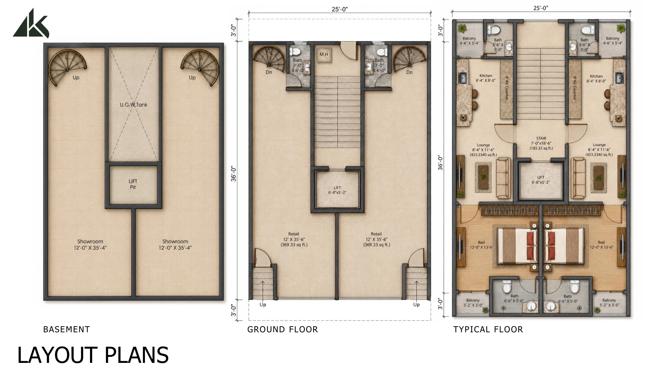 10-C Bukhari Commercial â€” Basement, ground-floor and typical-floor layout plans (architectural plans)