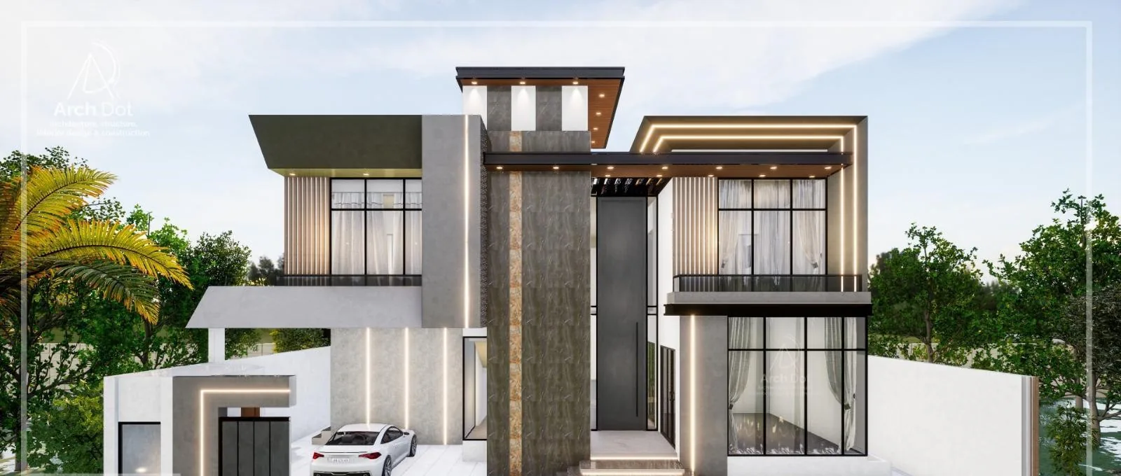 223-A Residence â€” Front elevation with vertical feature wall and tall glazing (architectural render)