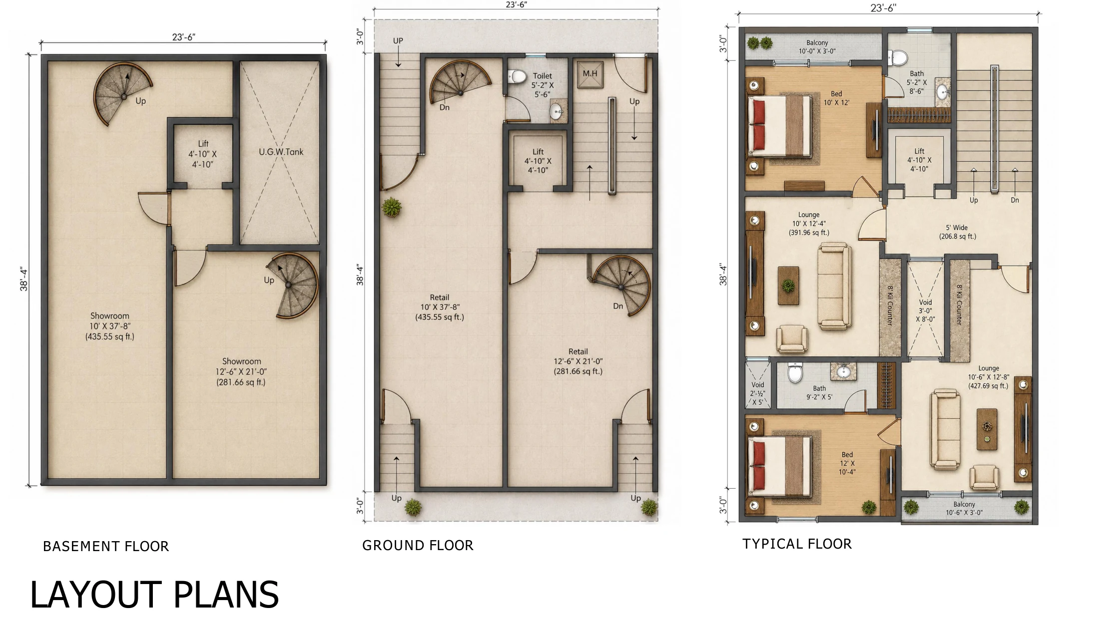 27-C Peninsula Commercial â€” Basement, ground-floor and typical-floor layout plans (architectural plans)