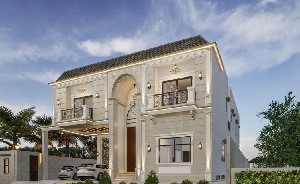 359-D Residence â€” Angled front elevation with central entrance and balconies (architectural render)
