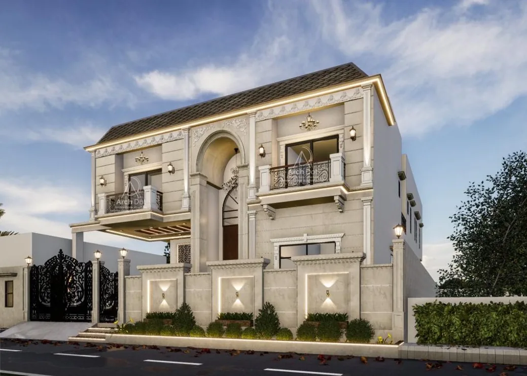 359-D Residence â€” Street perspective with boundary wall and gate (architectural render)
