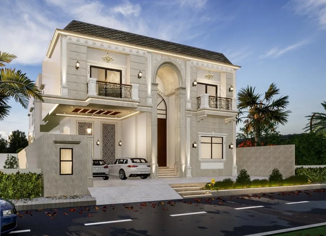 359-D Residence â€” Front corner view with open entrance gate (architectural render)