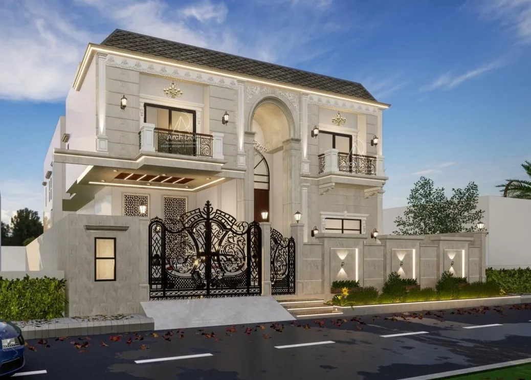 359-D Residence â€” Front corner view with closed entrance gate (architectural render)