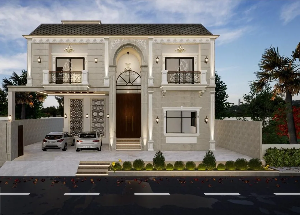 359-D Residence â€” Front elevation with open gate (architectural render)
