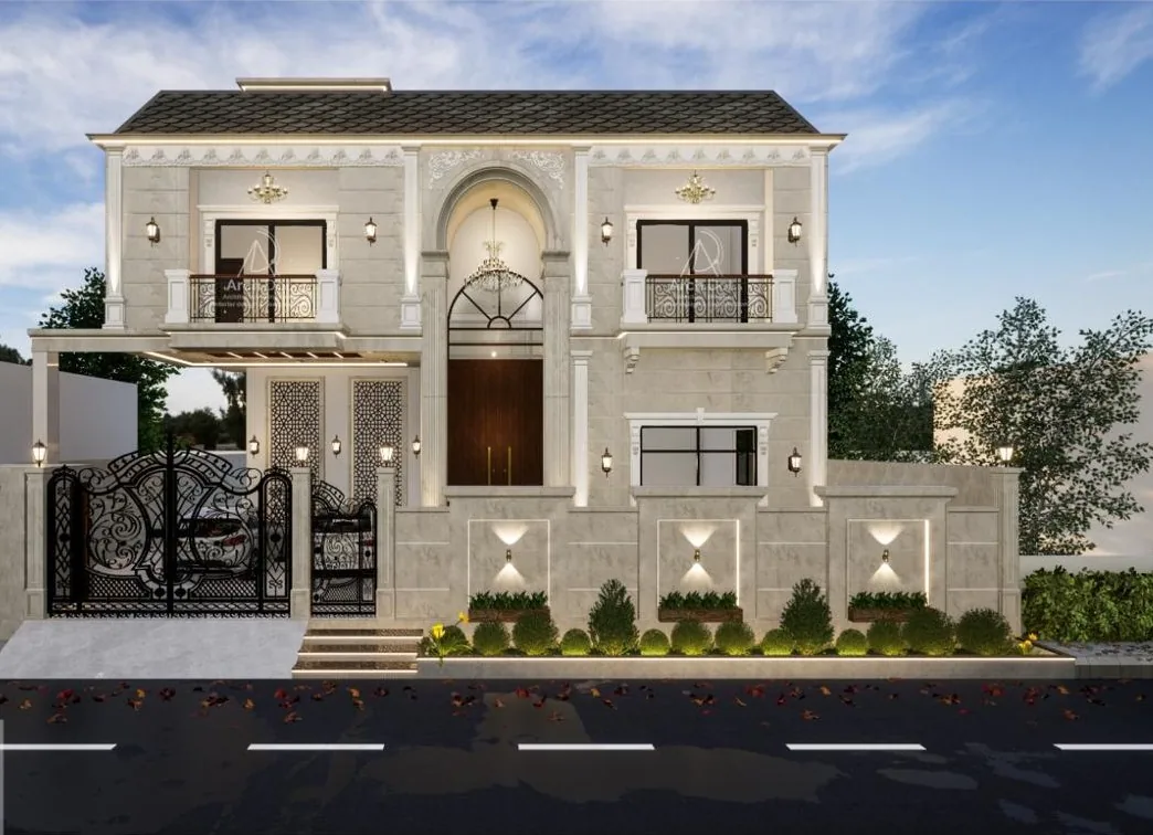 359-D Residence â€” Front elevation with ornamental gate (architectural render)