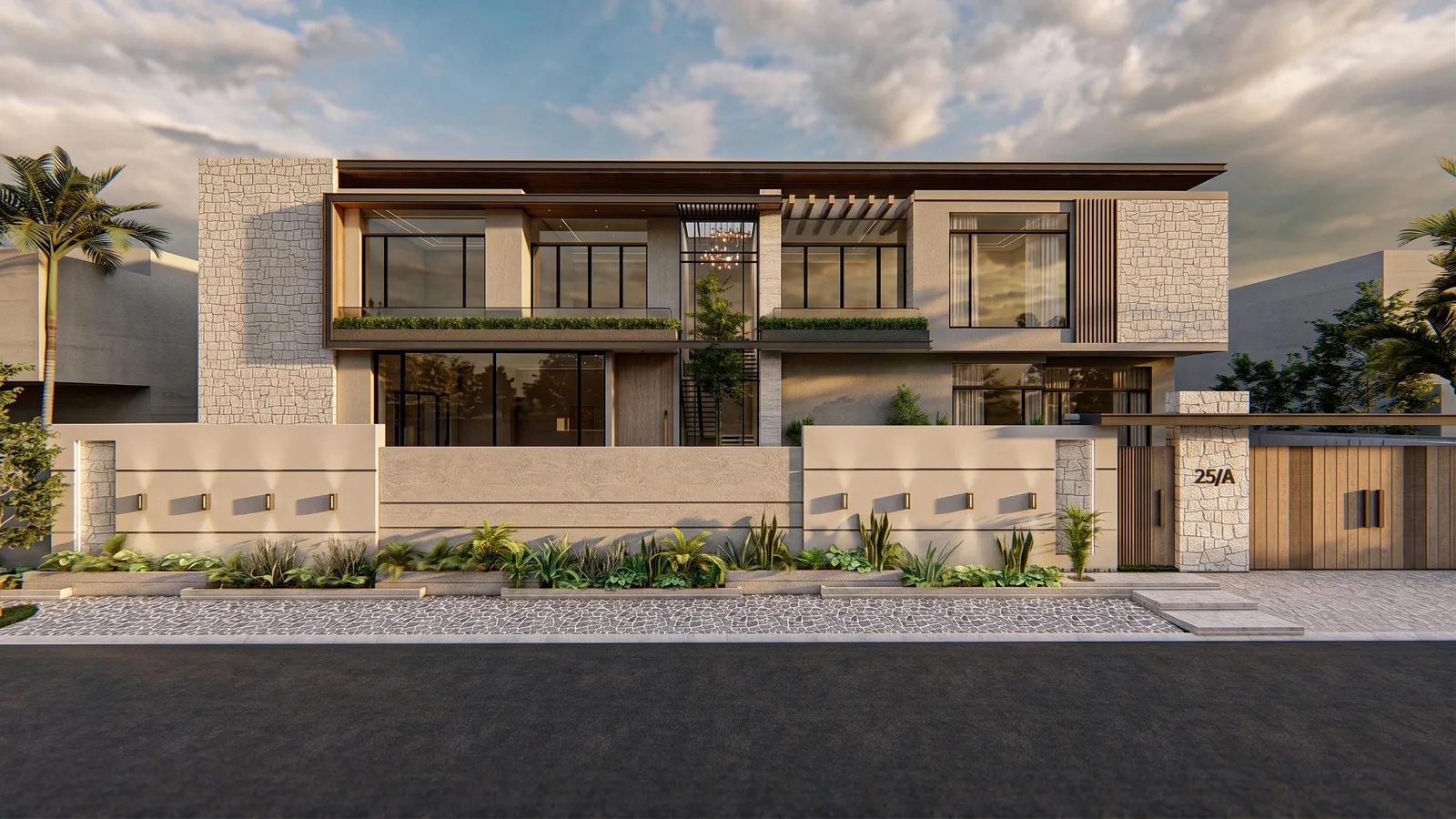 1000 sq yd Residence â€” Front elevation with stone cladding, broad glazing and planted balconies (architectural render)