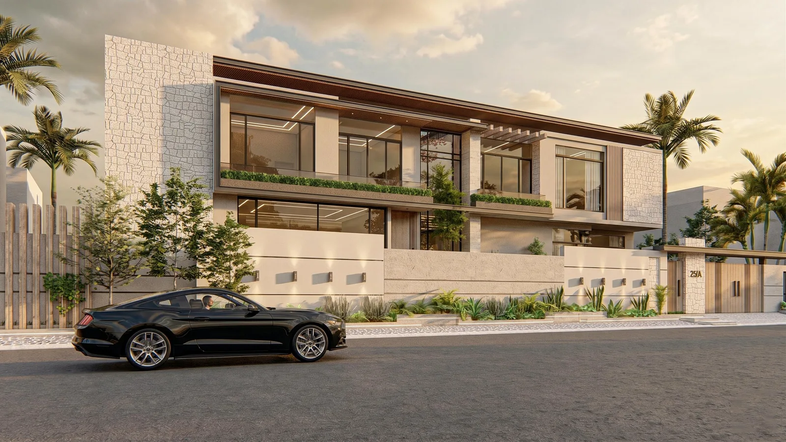1000 sq yd Residence â€” Angled street elevation with a horizontal roofline (architectural render)