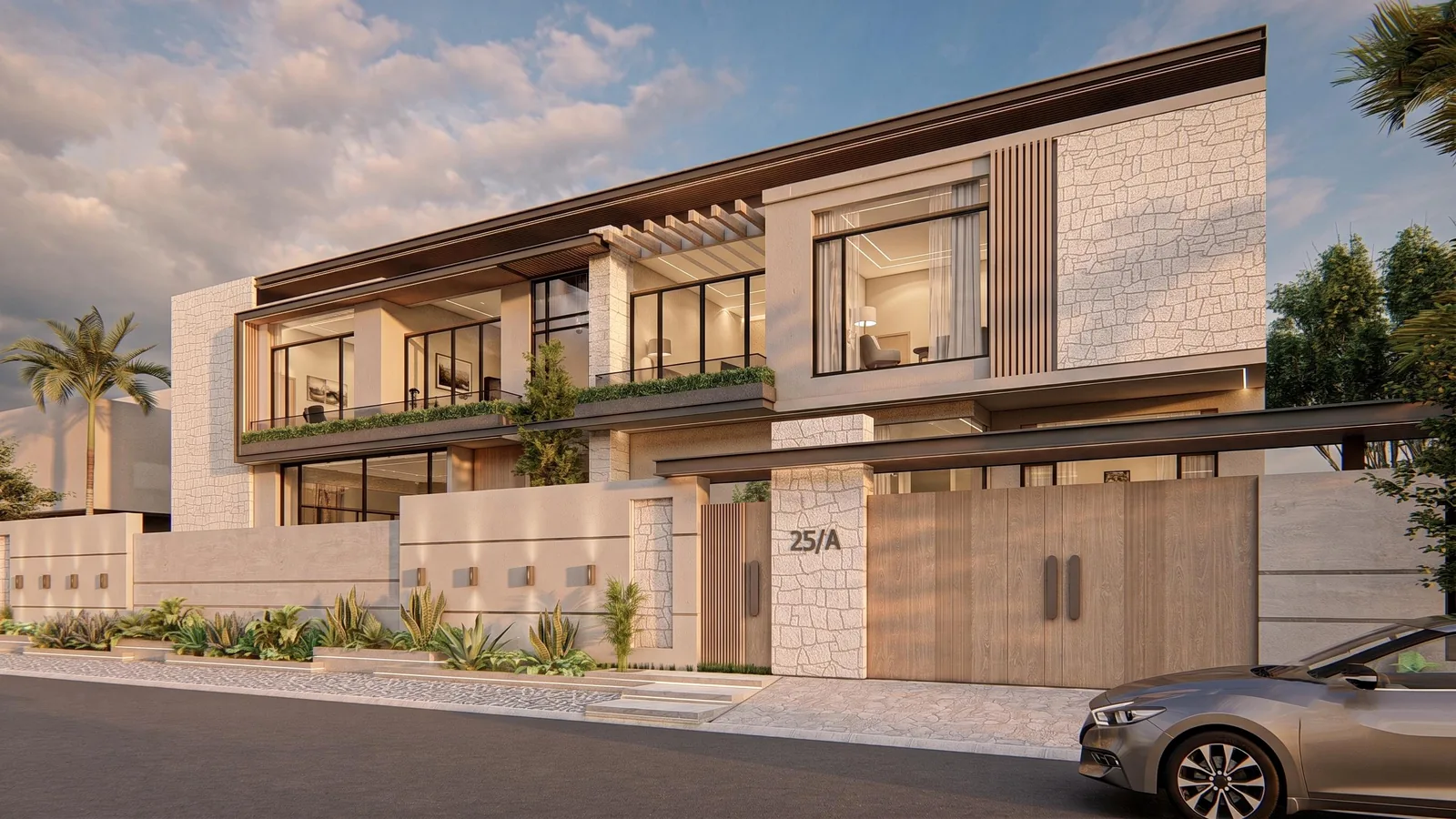 1000 sq yd Residence â€” Entrance and garage elevation (architectural render)
