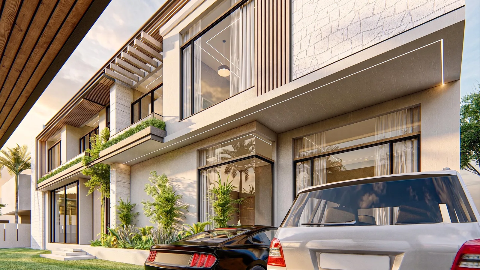 1000 sq yd Residence â€” Close view of timber-toned screens and entrance planting (architectural render)