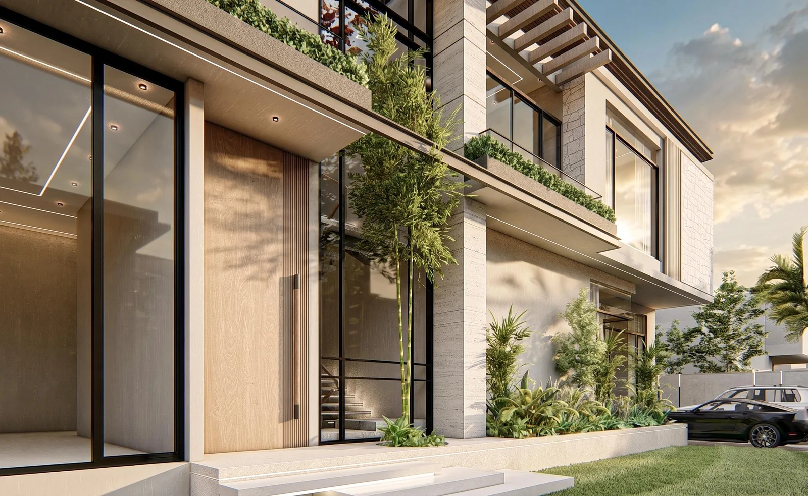 1000 sq yd Residence â€” Balcony, facade planting and vertical screens (architectural render)