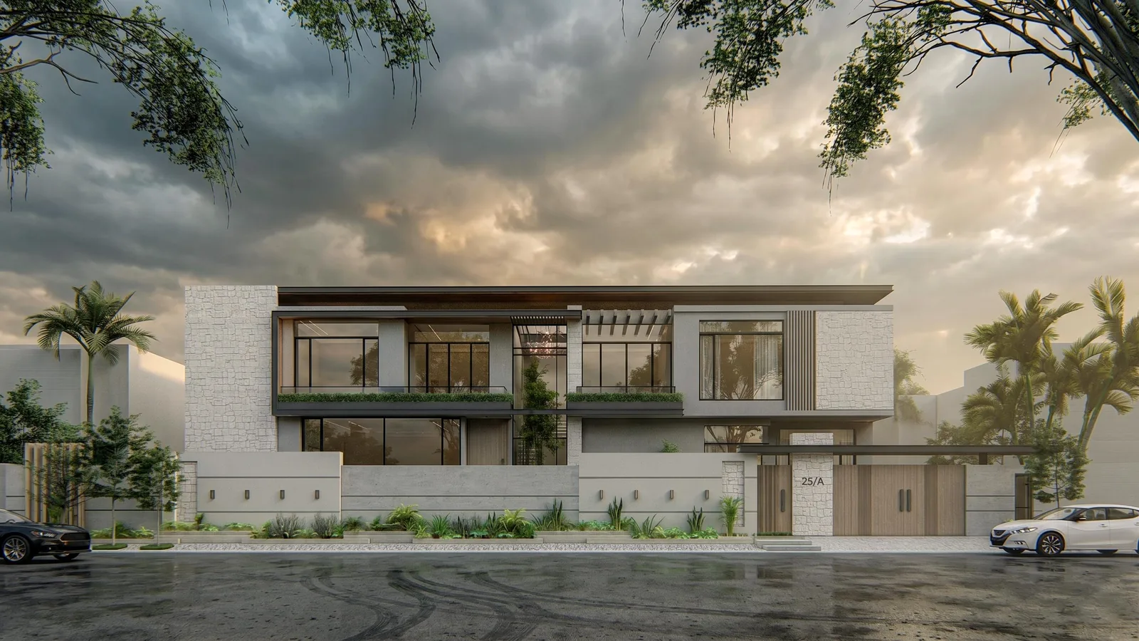 1000 sq yd Residence â€” Wide front elevation framed by trees (architectural render)