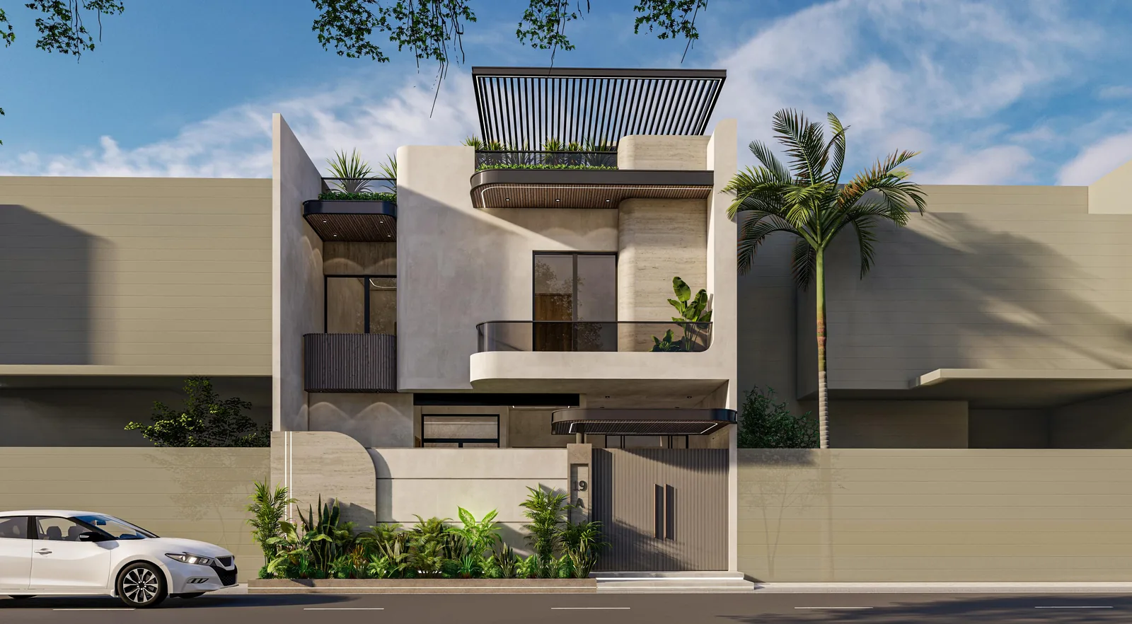150 sq yd Residence â€” Front elevation with roof terrace and landscaped boundary (architectural render)