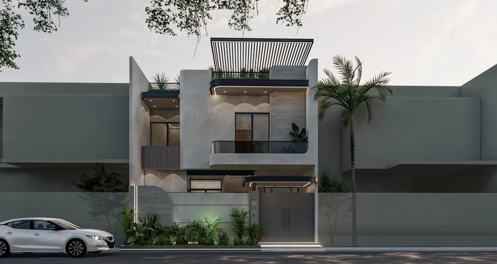 150 sq yd Residence â€” Front elevation in the night-view presentation (architectural render)