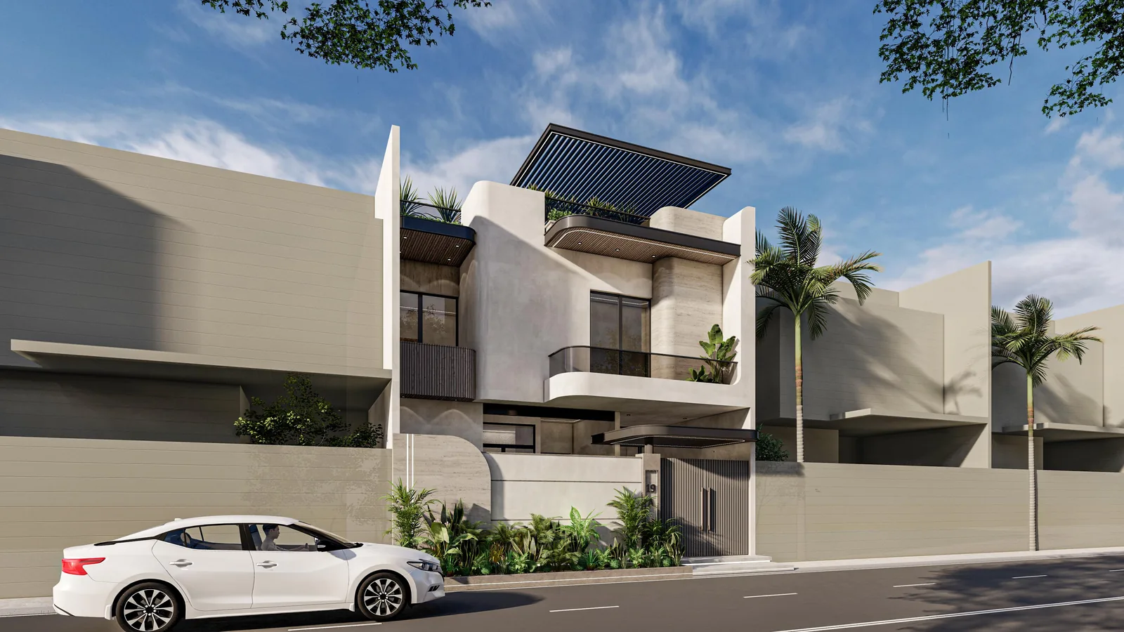 150 sq yd Residence â€” Angled elevation with recessed balcony (architectural render)