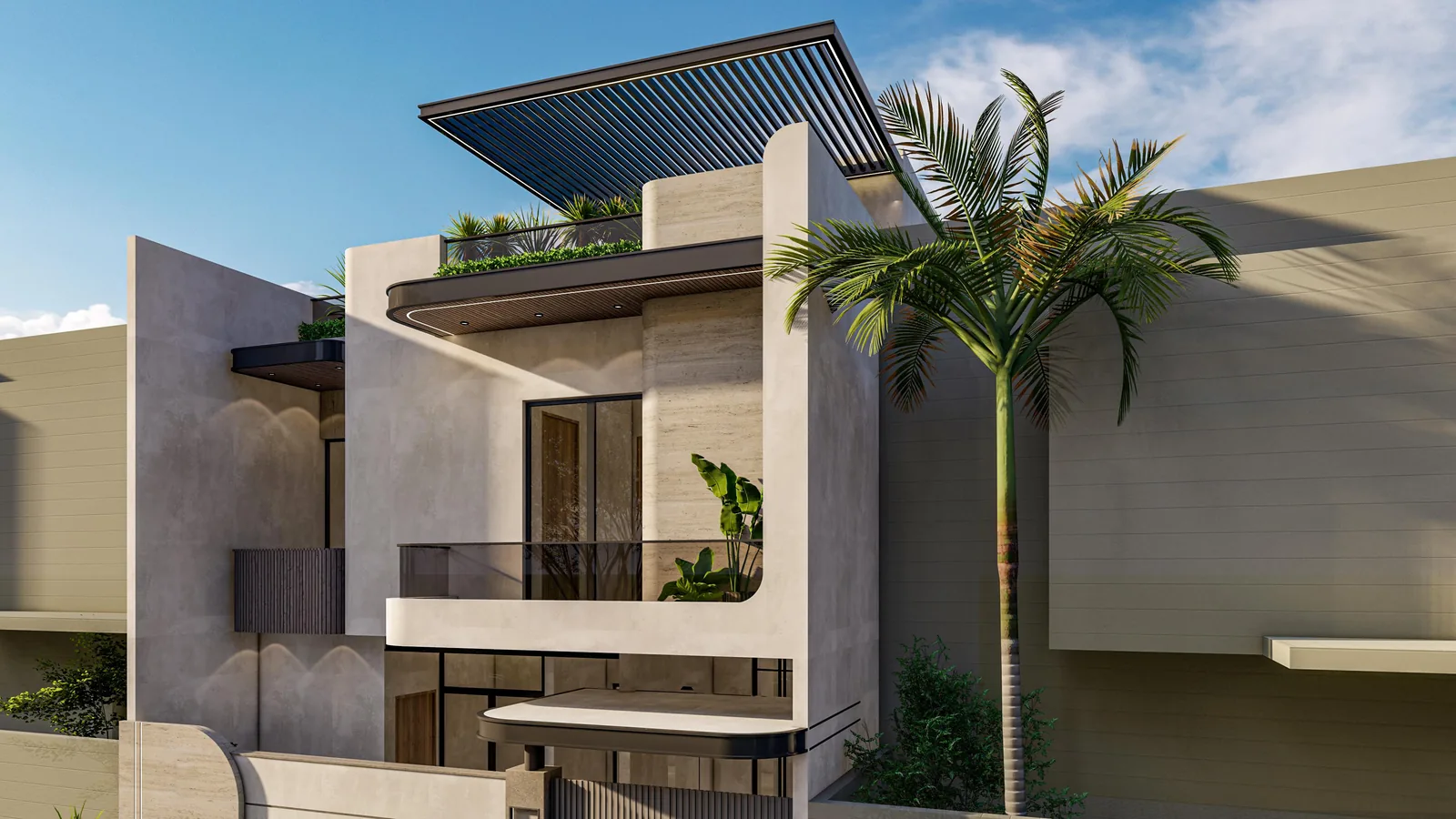 150 sq yd Residence â€” Upper facade, roof screen and vertical planting (architectural render)