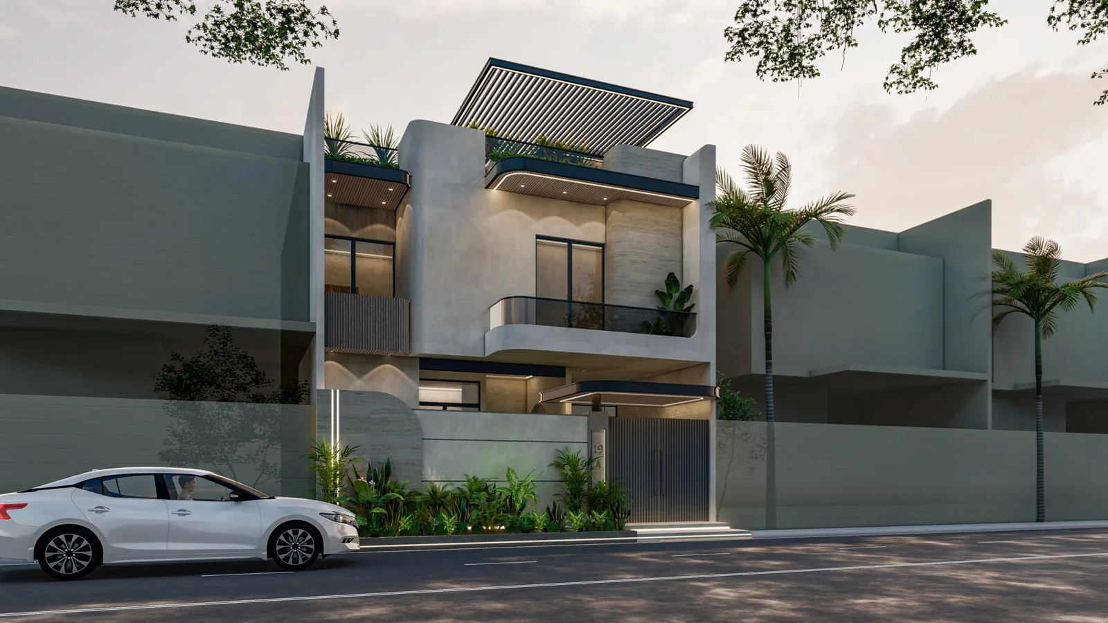 150 sq yd Residence â€” Angled elevation in the night-view presentation (architectural render)