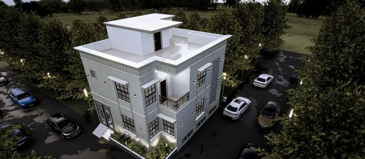 S-71 Residence â€” Aerial exterior showing roof terrace and corner frontage (architectural render)