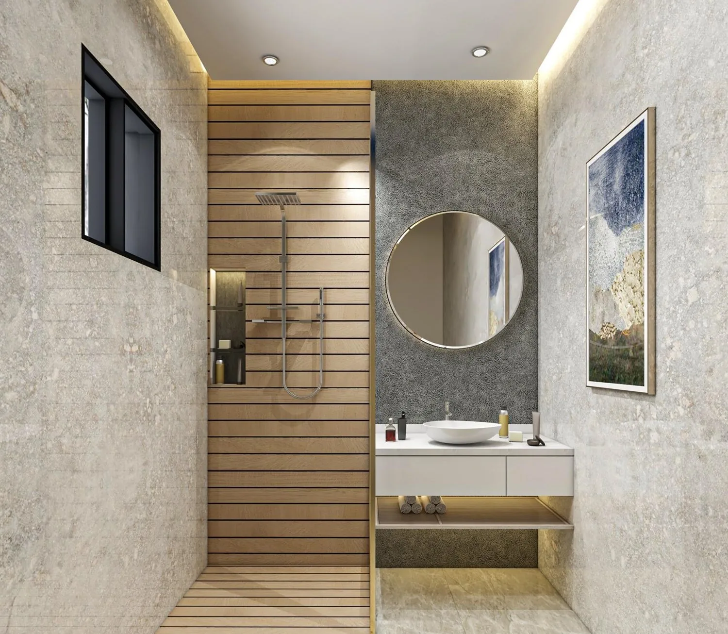 S-71 Residence â€” Bathroom with circular mirror and floating vanity (architectural render)