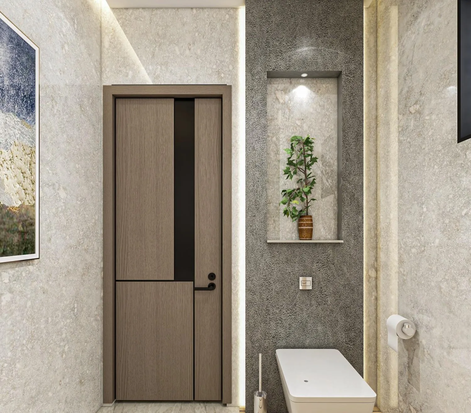 S-71 Residence â€” Bathroom entrance with textured stone surfaces (architectural render)