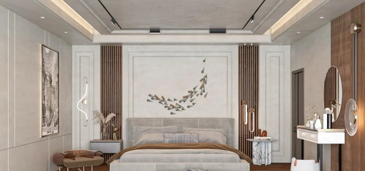 S-71 Residence â€” Bedroom with upholstered headboard and warm timber details (architectural render)