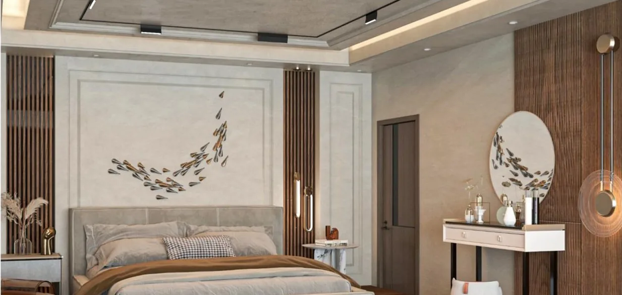 S-71 Residence â€” Bedroom detail with accent lighting and decorative wall panel (architectural render)