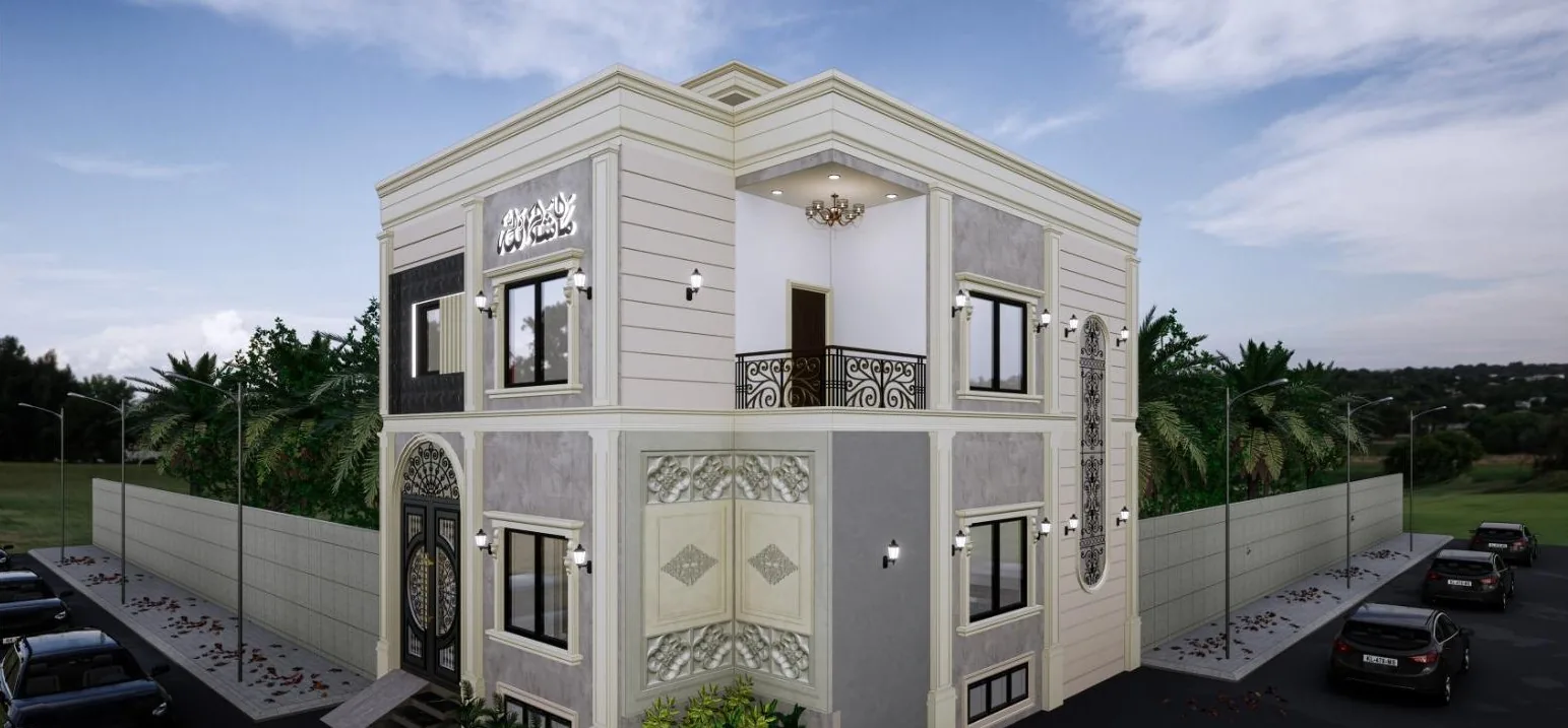S-71 Residence â€” Corner exterior with classical columns and balcony (architectural render)