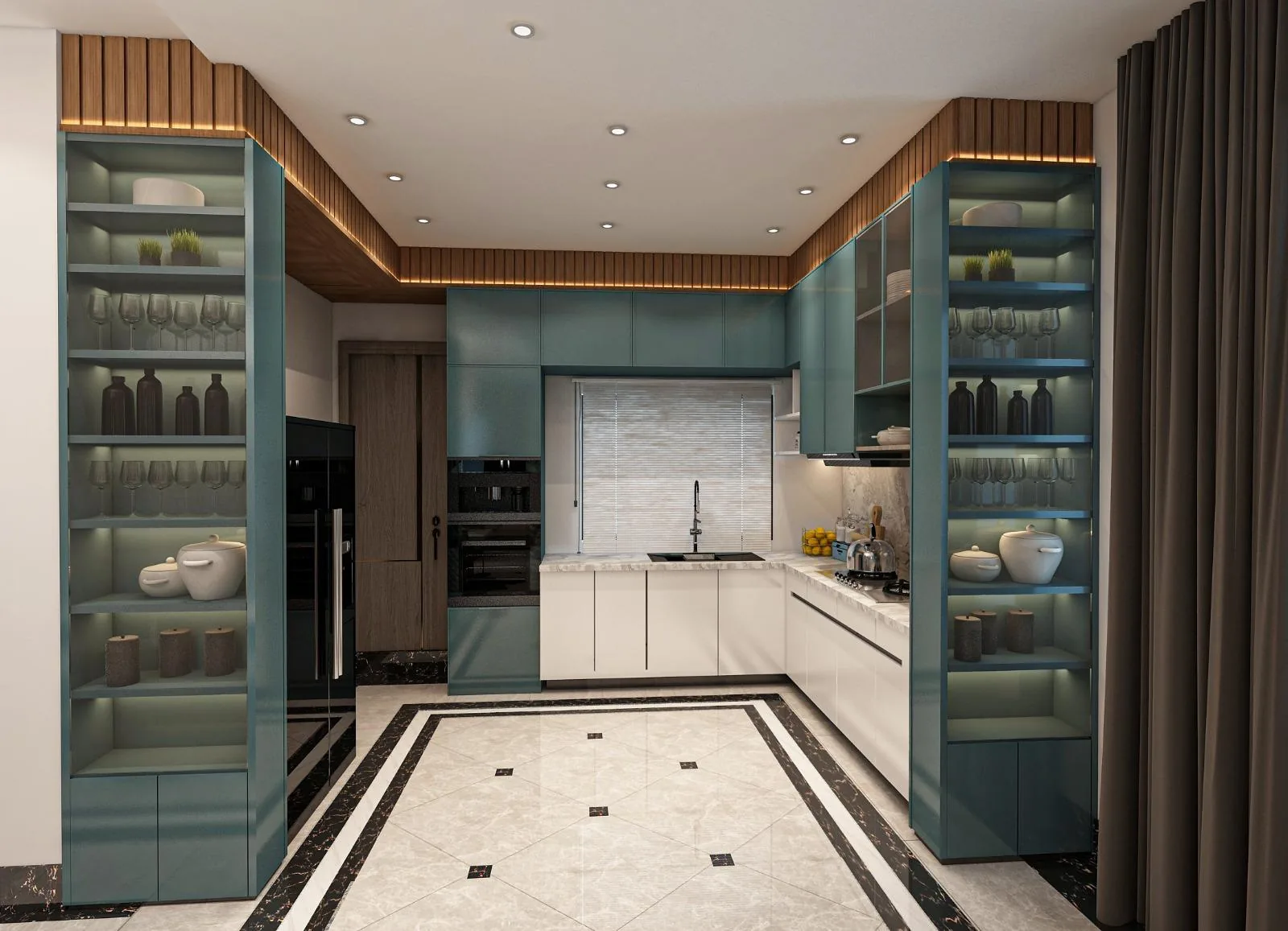 S-71 Residence â€” Kitchen with deep green cabinetry and contrasting stone surfaces (architectural render)