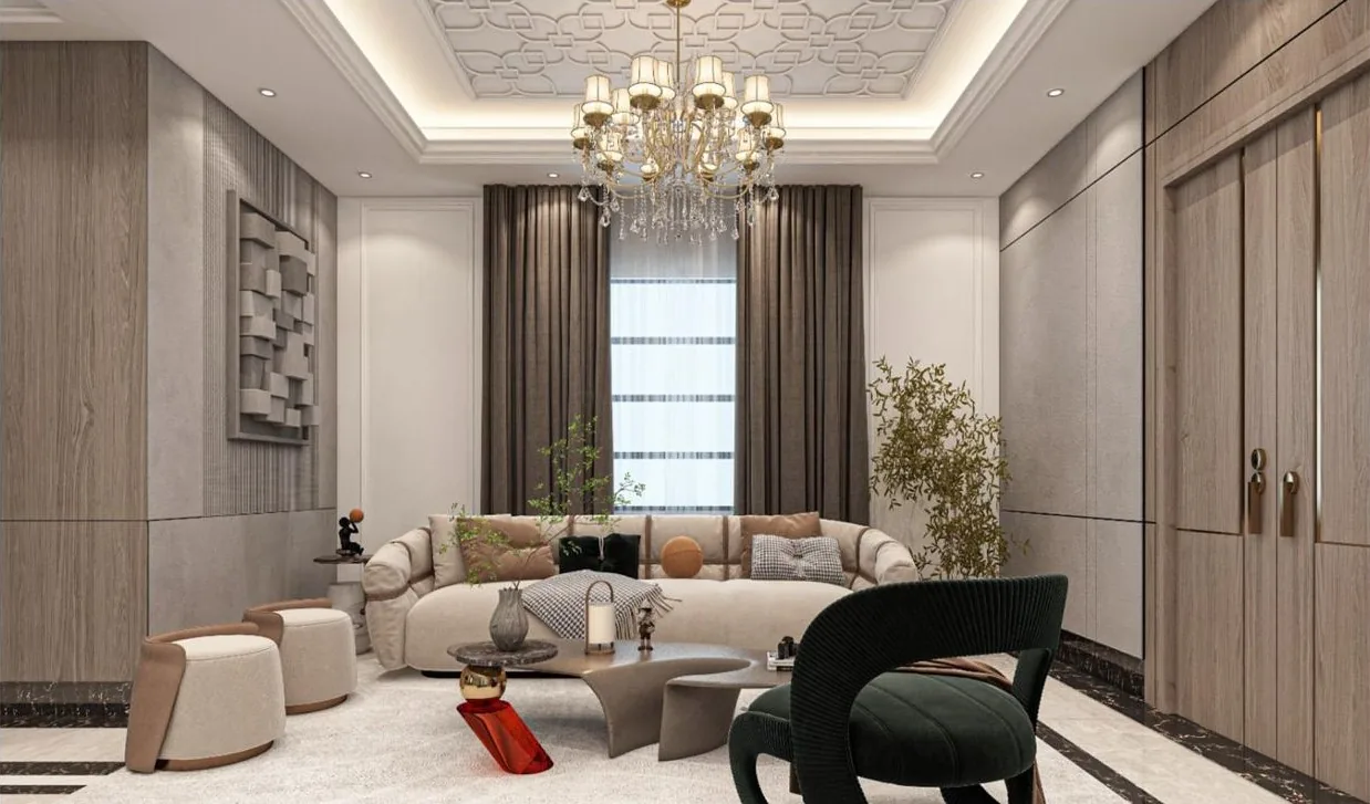 S-71 Residence â€” Formal living space with chandelier and paneled walls (architectural render)
