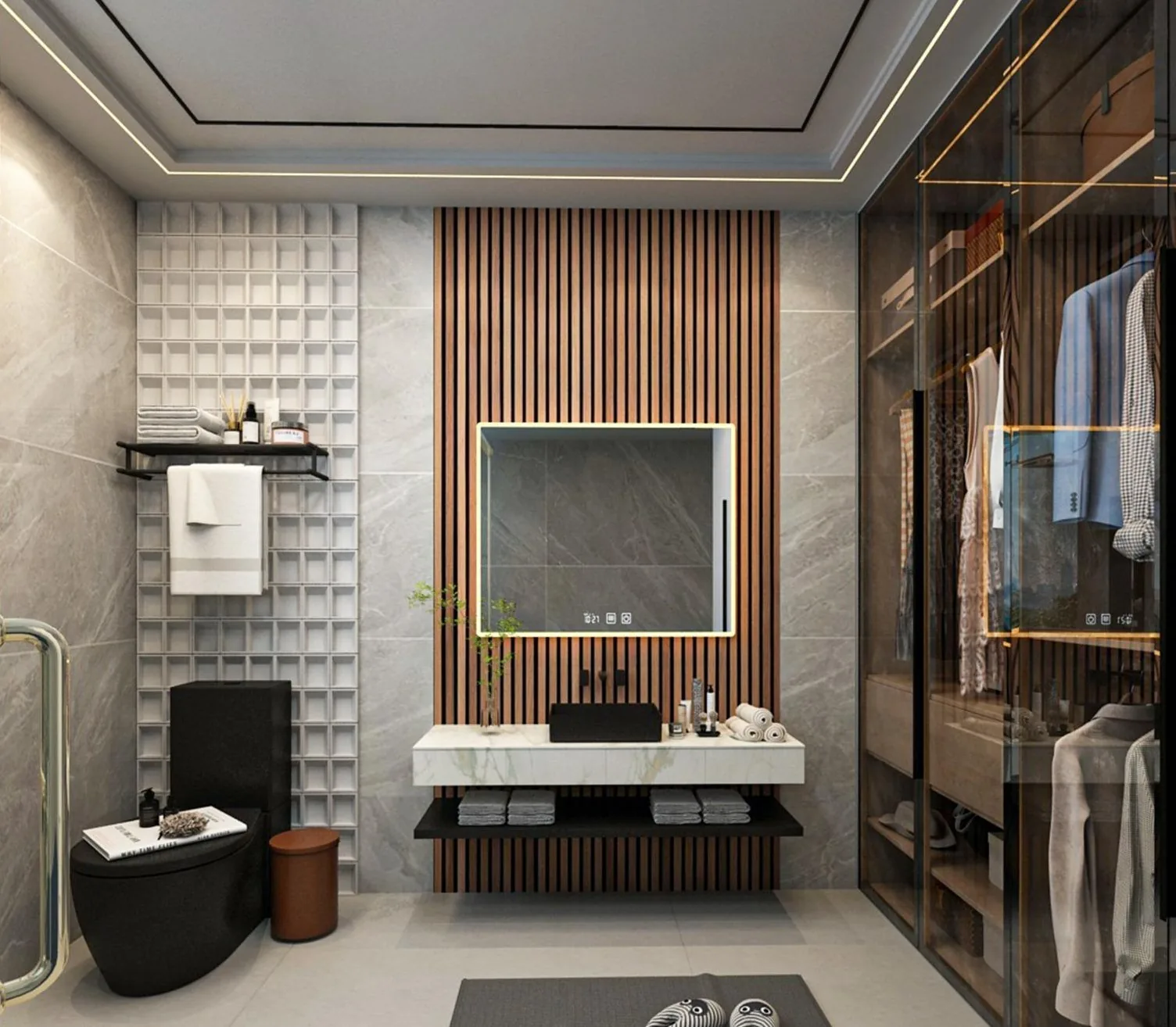 S-71 Residence â€” Vanity with timber slats and illuminated mirror (architectural render)